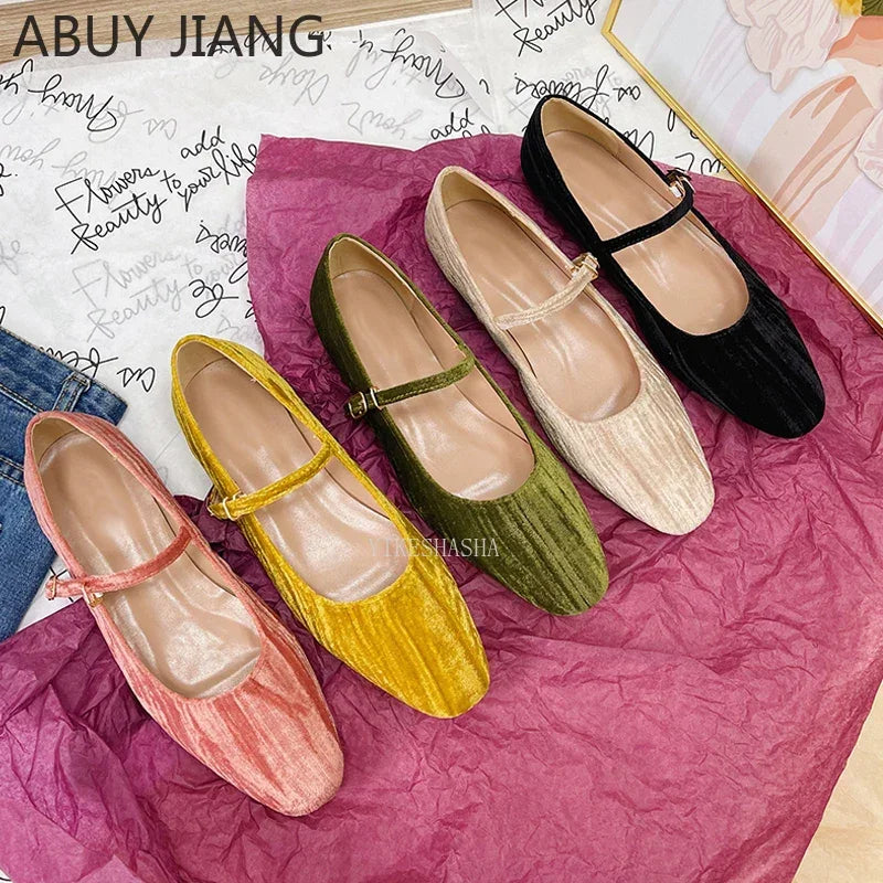 2025 Women Shoes Luxury Velvet Ballet Shoes Women Square Toe Flat Mary Janes Ladies Fashion Buckle Strap Velour Shallow Loafers