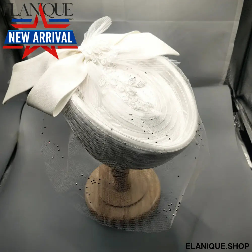 Elegant White Bridal Fascinator Hat – Lace Veil Bow Pillbox Cap