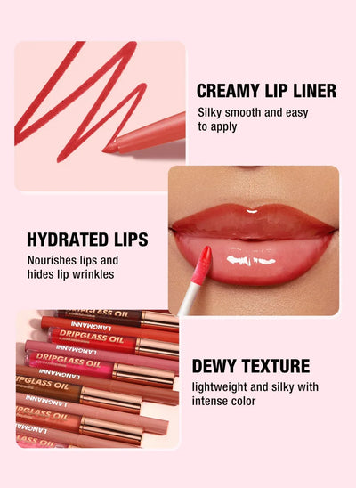 12PCS Retro Lip Set 6 Lipliner 6 Dripglass Oil Matte Shiny Long Lasting Makeup Kit Cosmetics Beauty Essentials