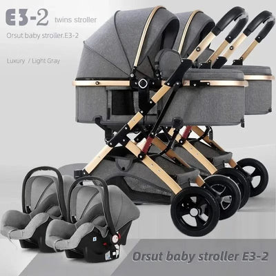 3-in-1 Twin Baby Stroller with Car Seat,portable Foldable Baby Stroller High View Newborn Baby Stroller Can Sit and Lie