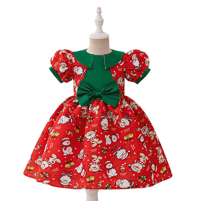 Christmas Dresses Girl Cartoon Print Princess Dress Children Red and Green Sequined Mesh Puff BalL Gown Carnival Clothes