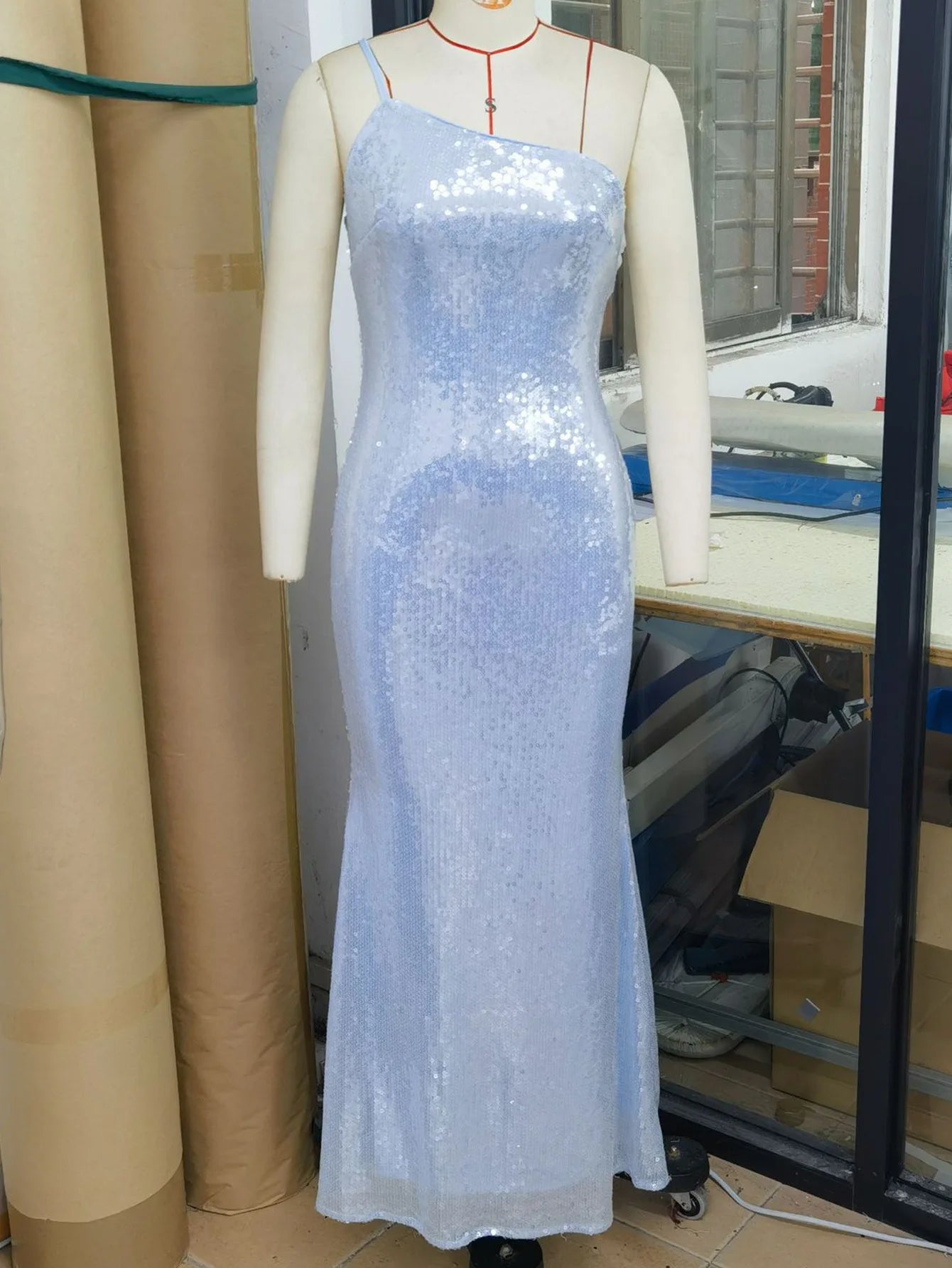Sexy Women Summer Light blue One Shoulder Sequins Dress Elegant Long Evening dresses Ladies Party Holiday Prom Dresses Hxy244