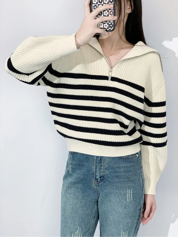 Oversize Fashion Women Sweaters 2025 Zip Thick Fall Loose Knit Jumper Turtleneck Turn-down Collar Casual Women's Striped Sweater