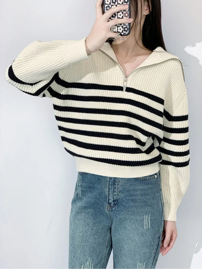 Oversize Fashion Women Sweaters 2025 Zip Thick Fall Loose Knit Jumper Turtleneck Turn-down Collar Casual Women's Striped Sweater