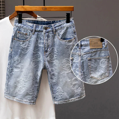 2024 New Men's Denim Shorts Fashion Printed Designer Jeans Personality High Street Straight Male Clothes Short Pants