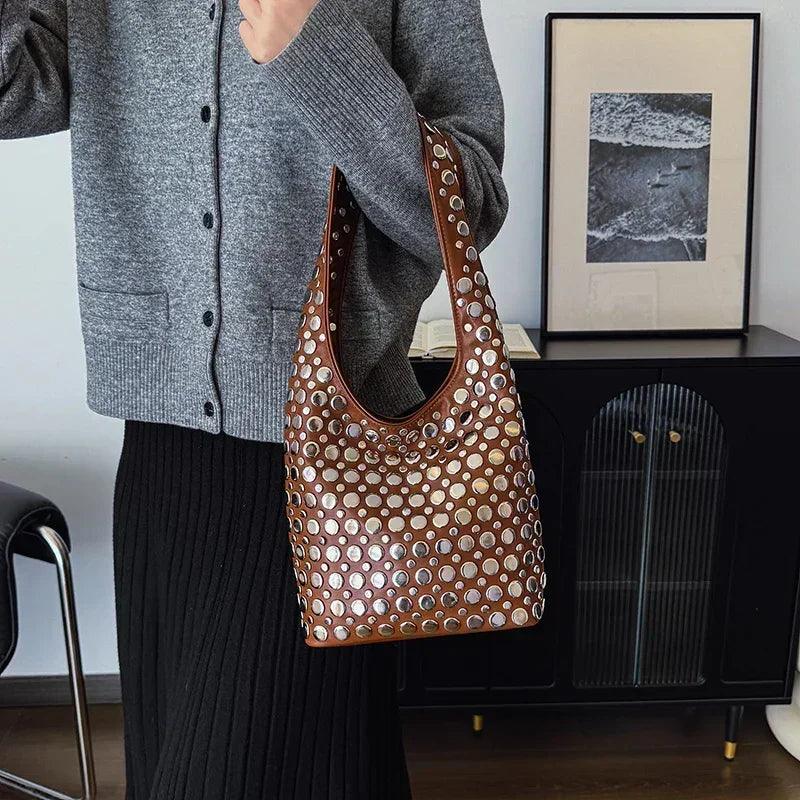 Designer geometric shoulder bag for women top brand handbag luxury shiny rivet handmade evening clutch fashion party