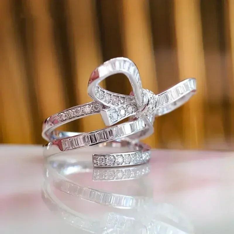 Luxury bow design rings for women wedding jewelry fashion bridal ring shiny zircon geometric crystal accessories