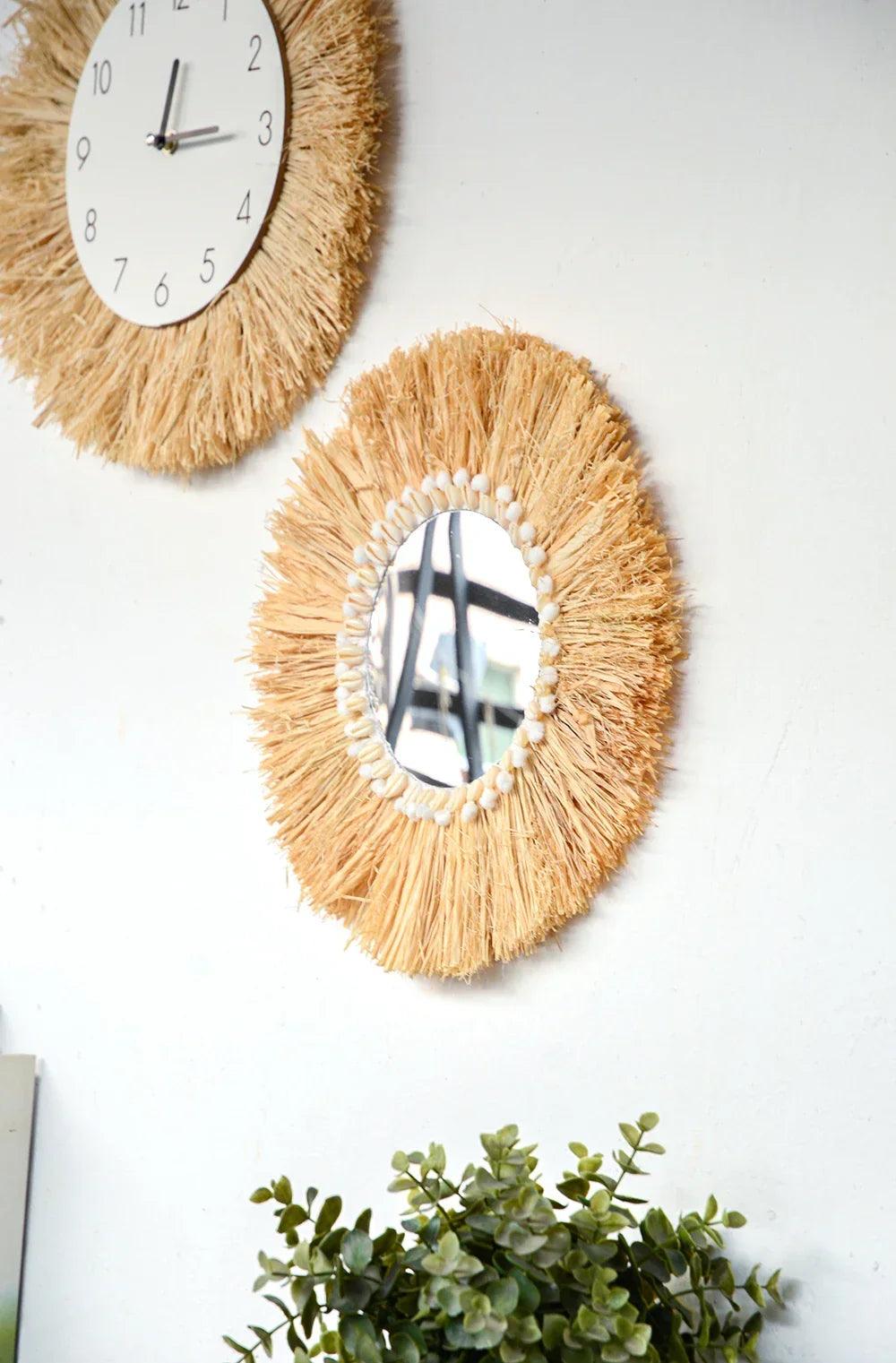 Home decor hanging mirror raffia wood beads acrylic multifunct decorative decorations bedroom wall room