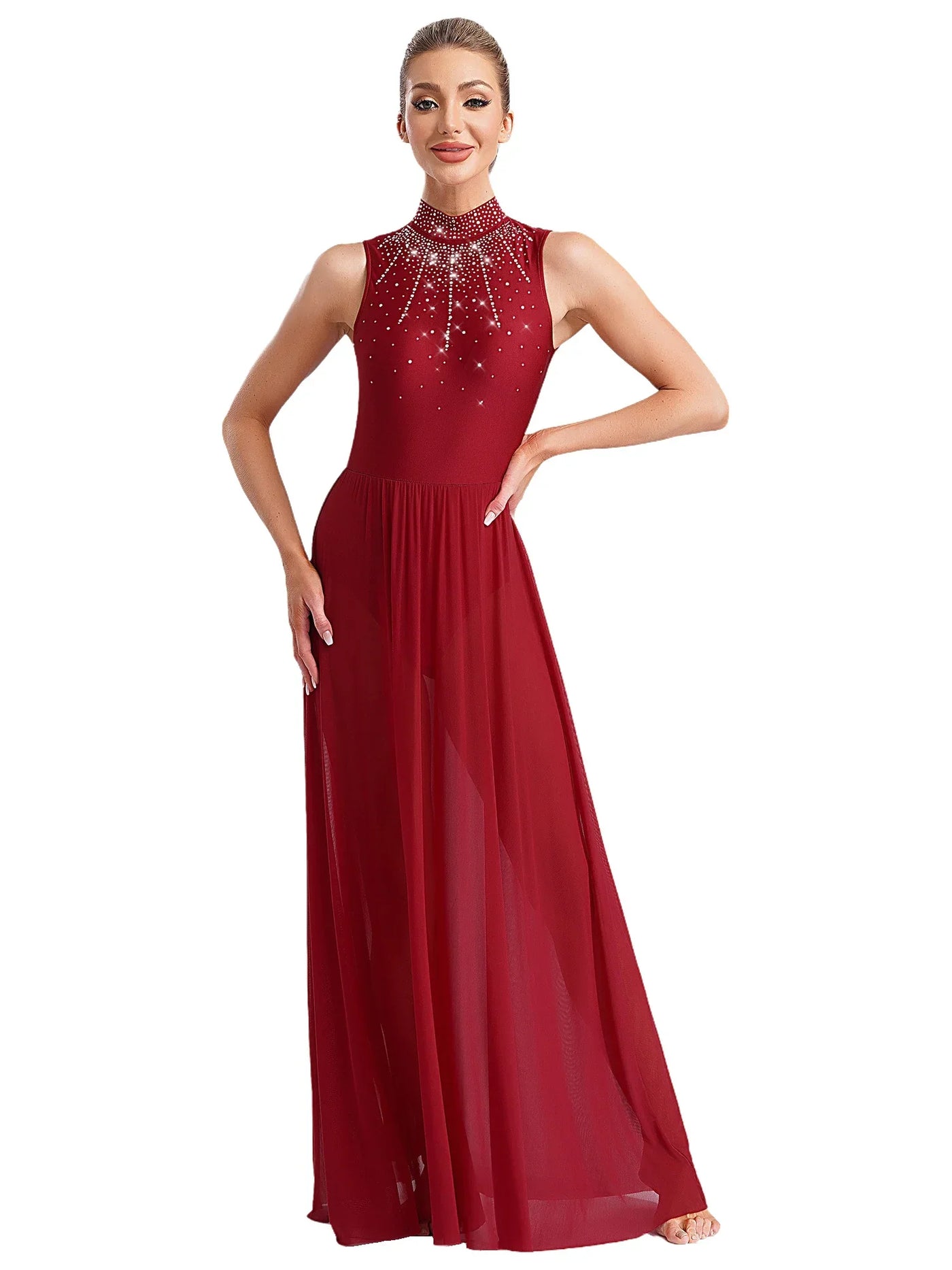 Women Lyrical Contemporary Ballroom Modern Dance Costume Dancing Prom Gown Side Split Maxi Dress for Ballet Gymnastics Skating