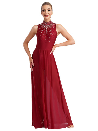 Women Lyrical Contemporary Ballroom Modern Dance Costume Dancing Prom Gown Side Split Maxi Dress for Ballet Gymnastics Skating