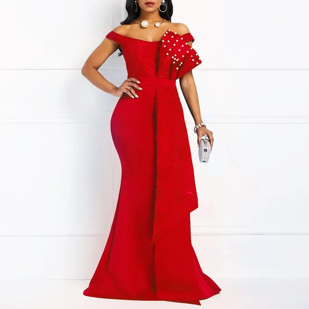 2025 Luxury Dress Women Designers Beaded Off Shoulder Mermaid Skinny Prom Floor Length Evening Dinner Wedding Party Maxi Dress