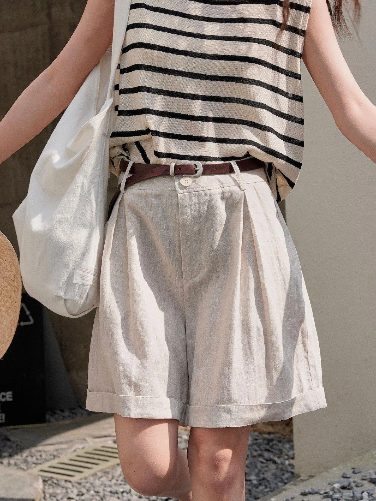 Summer korea style lazy linen curled bermuda shorts wide leg loose slim casual hot pants for women