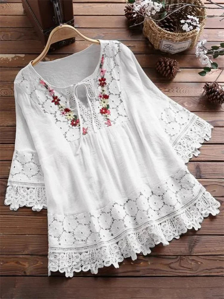 Summer cotton linen lace women's top 8865