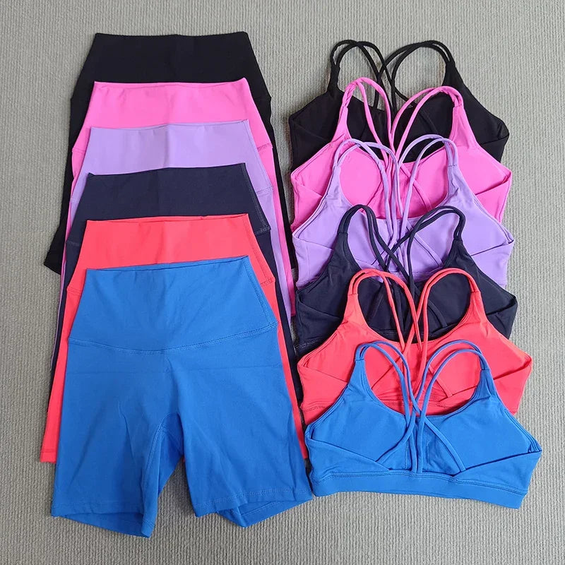 Yoga Shorts Set Gym Sports Set Women Fitness Suit Clothes 2 Piece Cross Back Bra Top High Waist Shorts Running Workout Tracksuit
