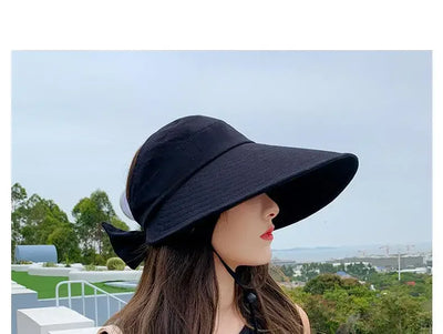 COKK Summer Hat Women Empty Top Foldable Sunhat Sunscreen Hats For Women Solid Color With Bow Ladies Hats Beach Cap Sun Hat