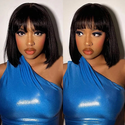 Unprocessed Raw Hair Short Bob Wig With Bangs Bone Straight Human Hair Wigs Fringe Middle Part Bob Lace Wigs Realistic Scalp Wig