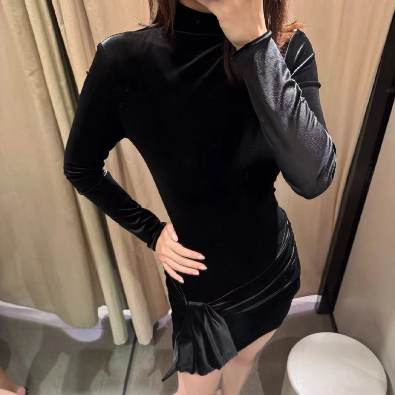 Womens Dress Velvet Turtleneck Long Sleeve Belt Fashion Short Dress Easily Creates A Luxurious And Cool Chic Look Trafizaran