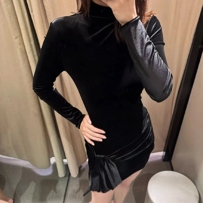 Womens Dress Velvet Turtleneck Long Sleeve Belt Fashion Short Dress Easily Creates A Luxurious And Cool Chic Look Trafizaran