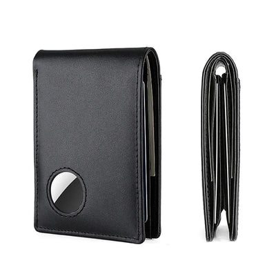 Black genuine leather men’s wallet with magnetic closure, AirTag holder, card holder