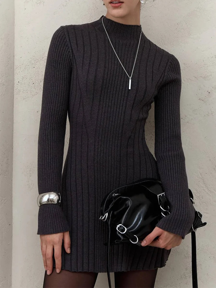 Knitting Dress Women's 2025 Spring Knitted Dress Long Sleeve Semi-High Neck A Line Skirt Elegant Knitwear Sweater Dress Women