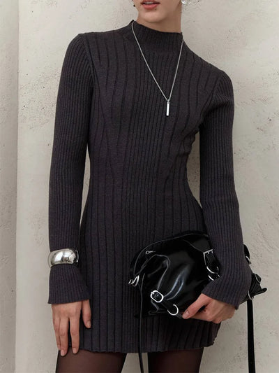 Knitting Dress Women's 2025 Spring Knitted Dress Long Sleeve Semi-High Neck A Line Skirt Elegant Knitwear Sweater Dress Women