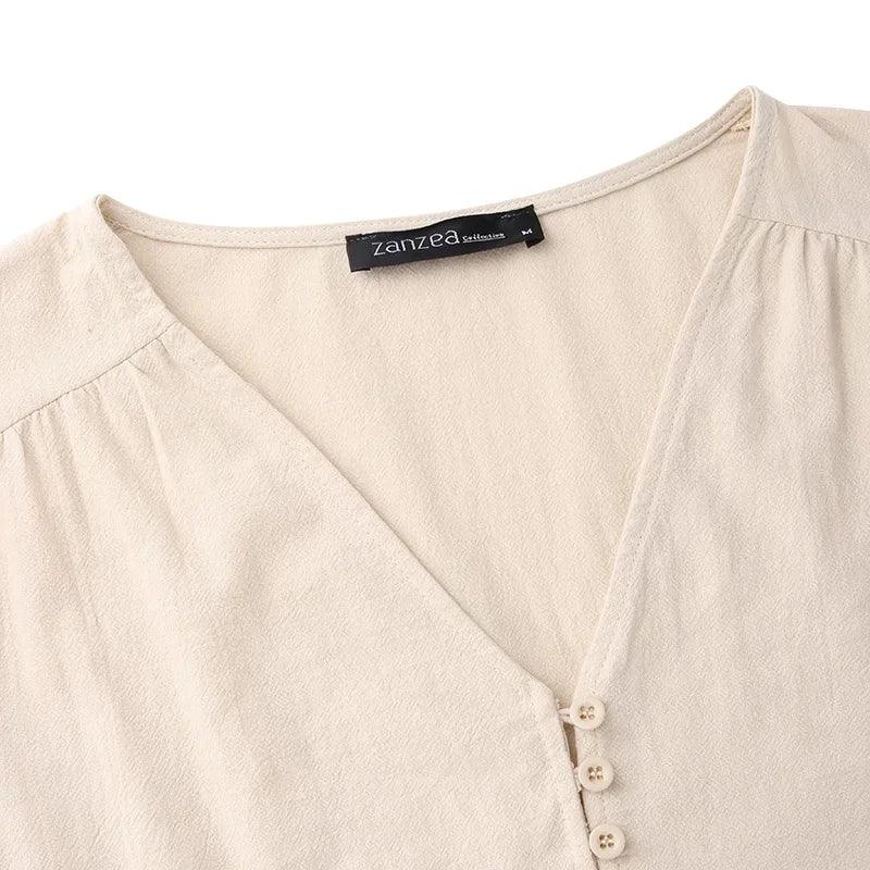 Vintage Cotton Linen Long Sleeve Dress Women Casual Autumn Maxi Robe V Neck Tiered Loose Vestido