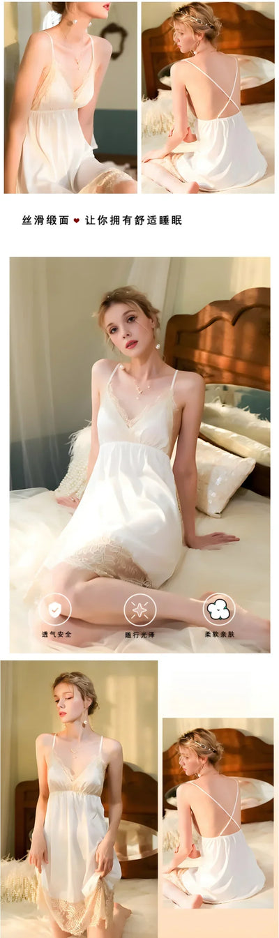 Comfortable and soft women's home wear, backless pajamas, halter dresses, lace nightgowns, French elegance
