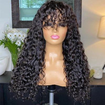 Long Curly Wig with Bangs Human Hair Full Machine Made Wear and Go Glueless Wig Water Wave Wigs with Bangs for Black Women 180%