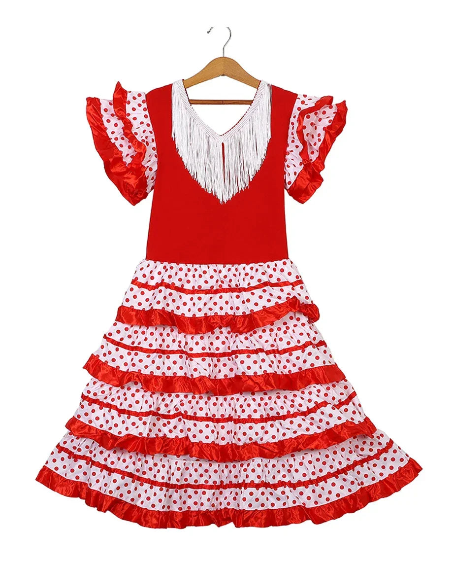 Dress Women 2025 Europe America Short Sleeve Midi Dress Traditional Spanish Dance Dress For Girls Festival Tassel Dot Dress