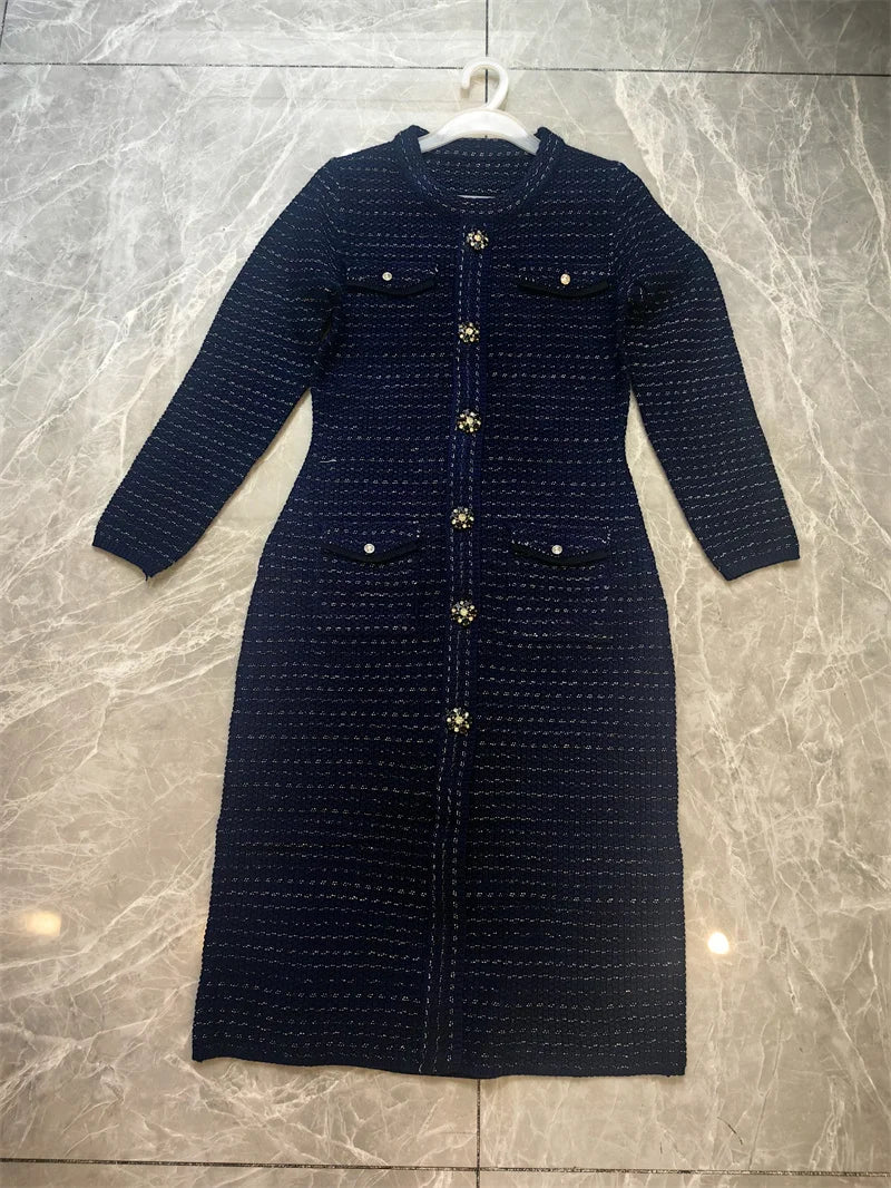 New Autumn Winter Women Knitted Dress Brand Fashion Royal Blue Bodycon Sweater Dress Lady Office Midi Dress