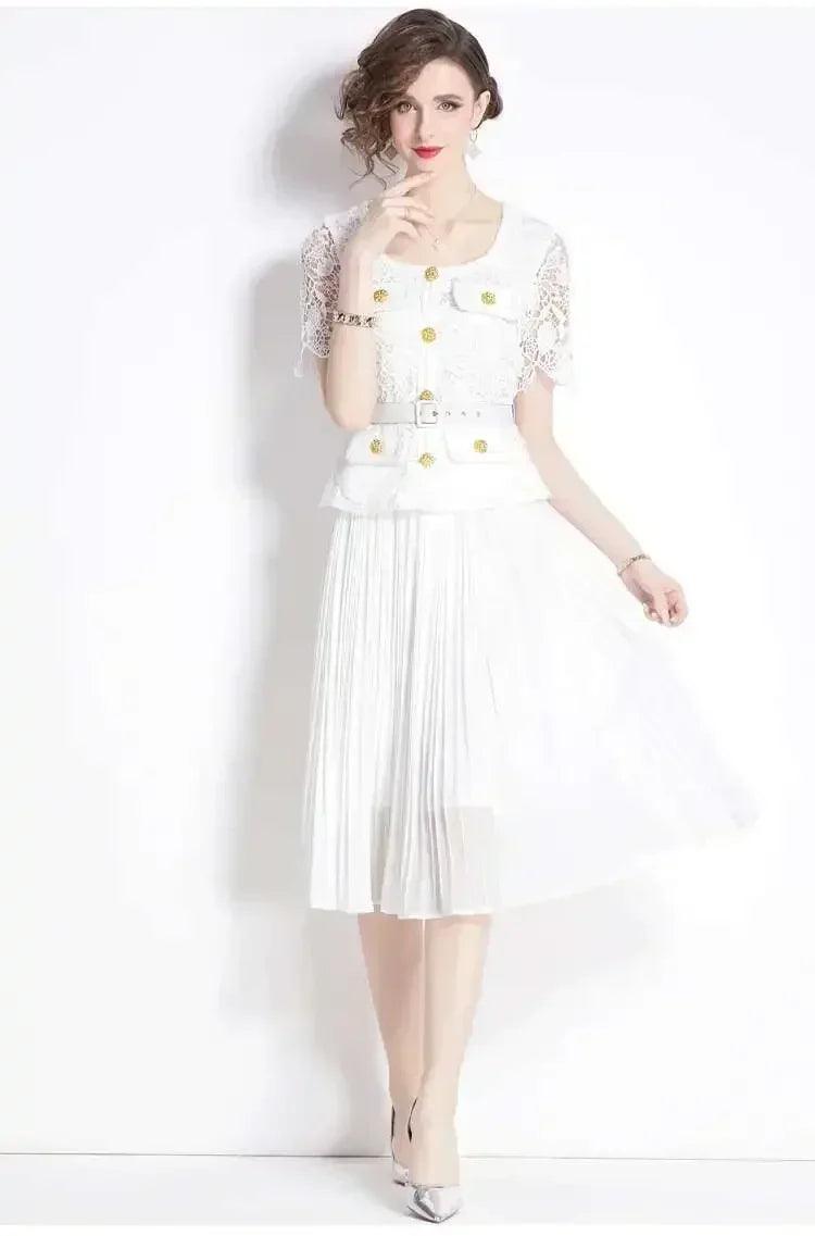 Luxury evening dress women summer vacation short sleeve pleated lace chiffon long dresses white single breasted midi
