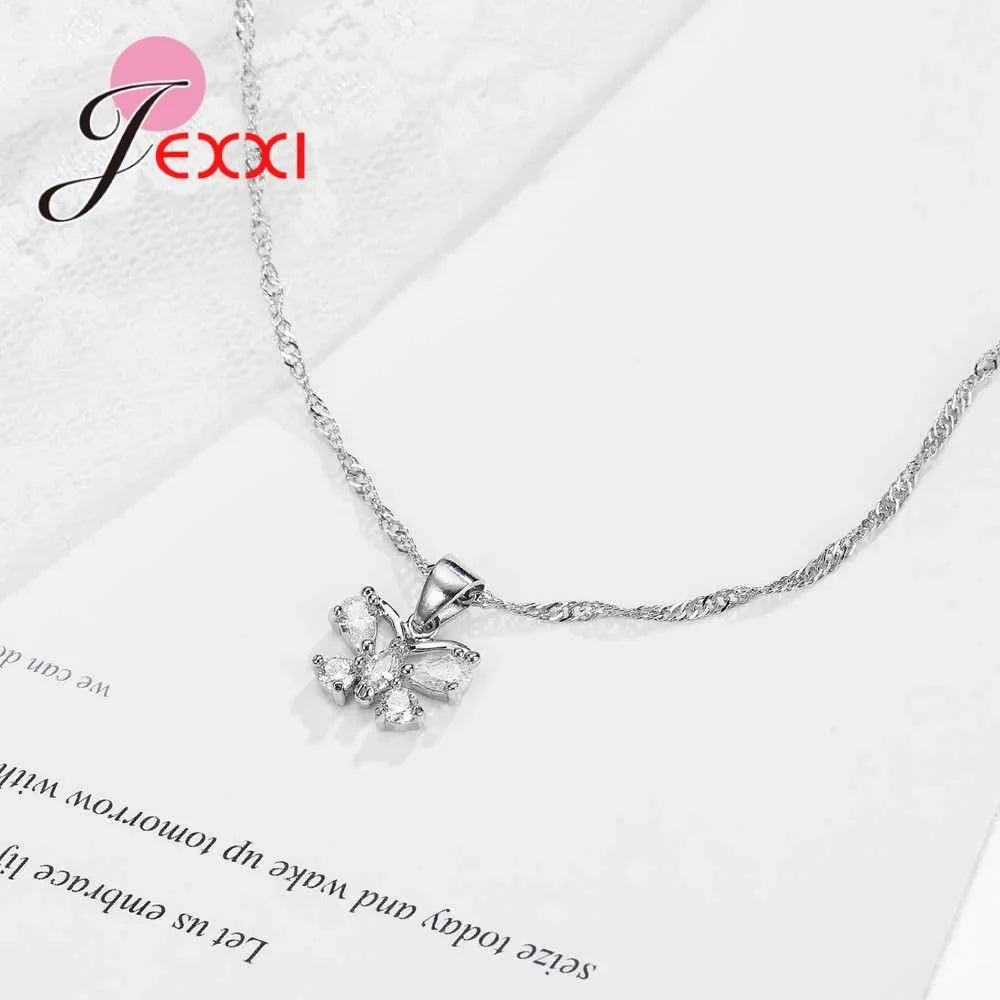 Fine Jewelry Sets Genuine 925 Sterling Silver Zircon Pendant Necklace Earrings Set for Women Crystal Bowknot Bijoux
