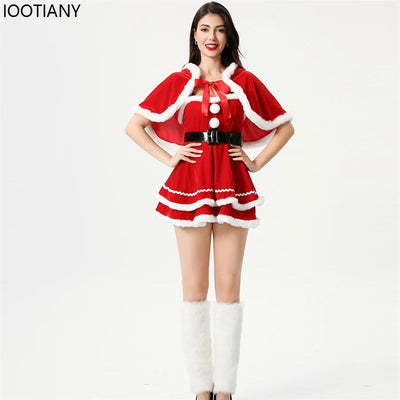 Christmas Costume Women Santa Tube Top Dress With Hood Shawl Belt Xmas Lolita Dresses Christmas Gifts Carnival Party Fancy Suits