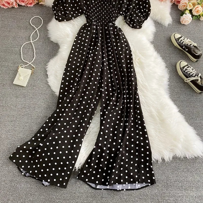 V Neck Sexy Dolman Sleeves Waist Slim Polka Dot Print Jumpsuit Women Wide Leg Trousers Jumpsuit