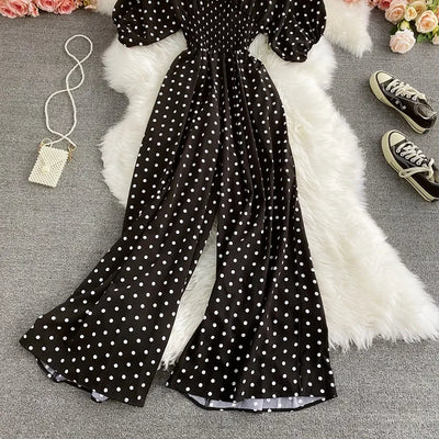 V Neck Sexy Dolman Sleeves Waist Slim Polka Dot Print Jumpsuit Women Wide Leg Trousers Jumpsuit