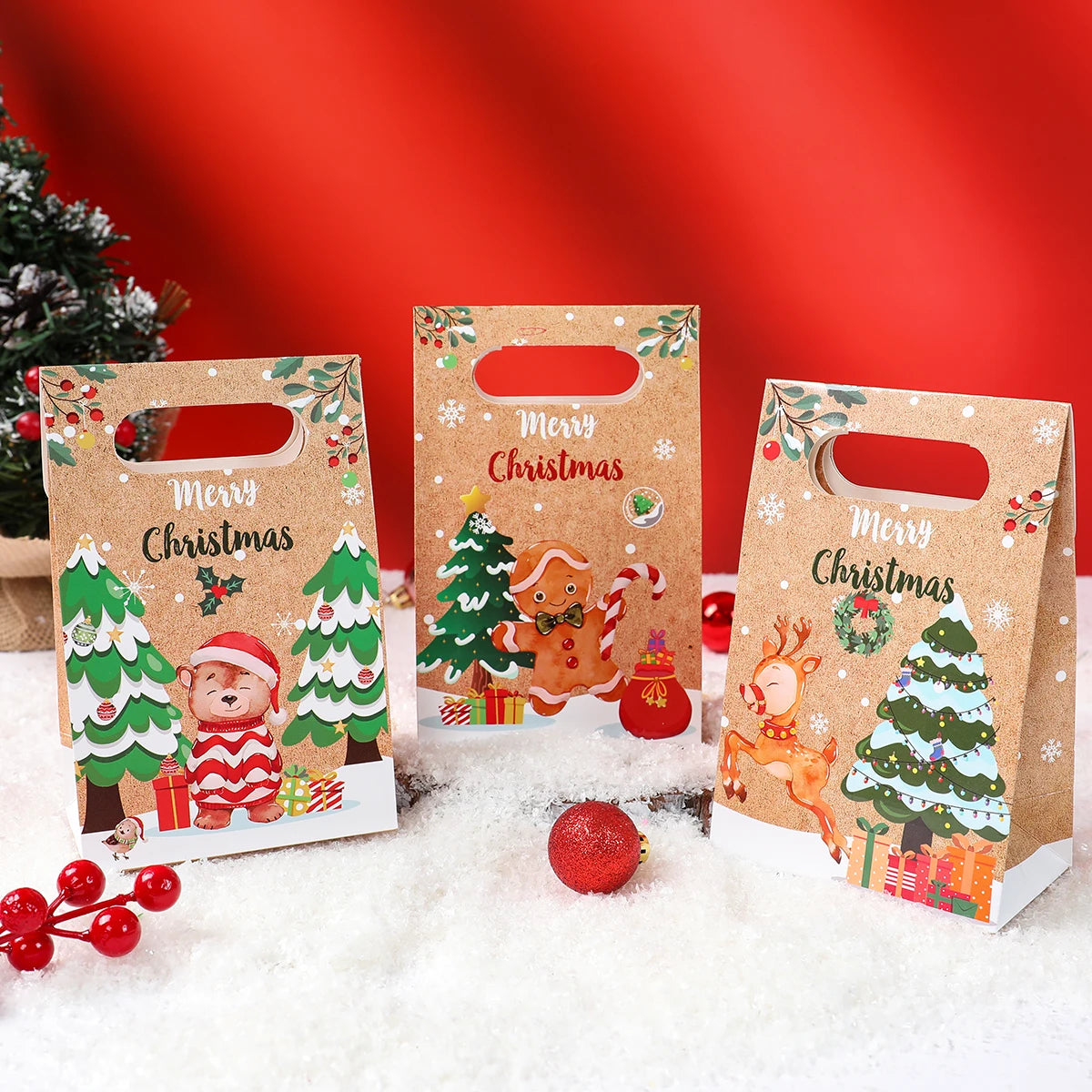 Christmas Kraft Paper Gift Bag Navidad Natal Noel Tree Candy Cookie Bag Merry Christmas Decorations For Home 2024 New Year 2025