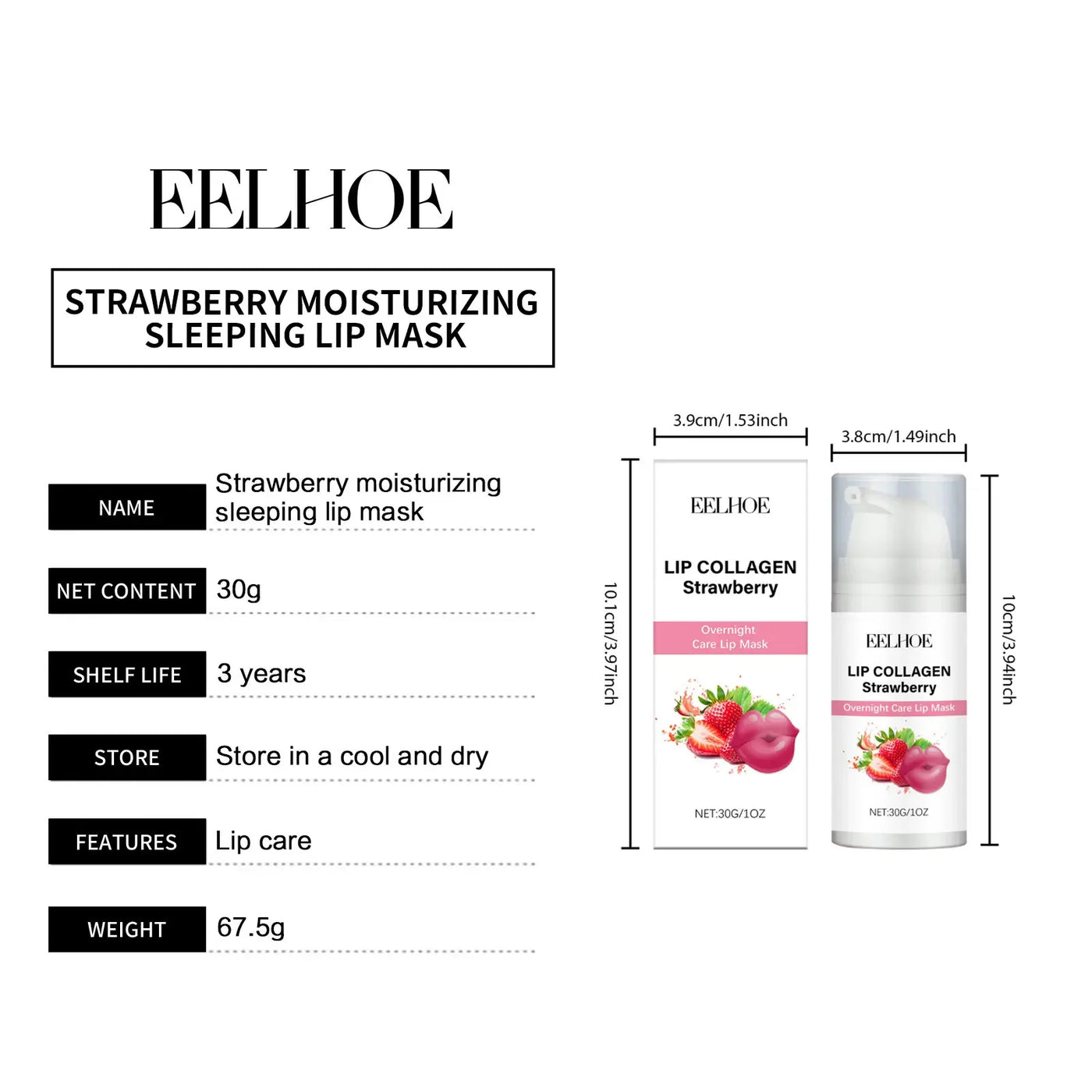 EELHOE Strawberry Night Lip Mask Overnight Deep Hydration Exfoliant for Lips Enhance Skin Elasticity Moisturizing Lip Mask 30g