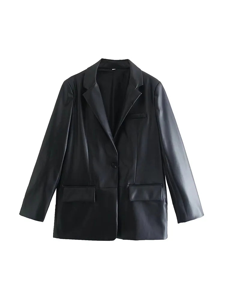 2025 Women Autumn Blazers Coats Casual Solid Loose Leather Single Breasted Female Elegant Street Blazer Outerwear Clothing