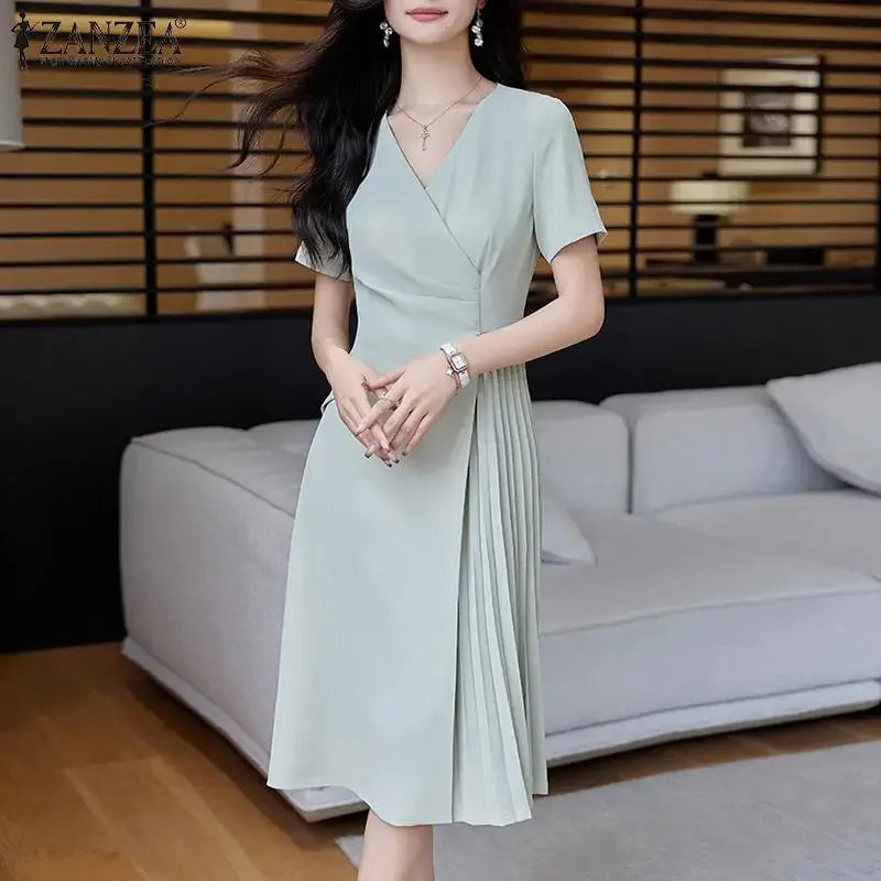 Summer Women Elegant OL Work Sundress V Nek Party Dress 2024 ZANZEA Fashion Short Sleeve Robe Femme Solid Pleated Midi Vestidos