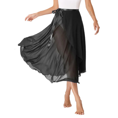 Womens Chiffon Lace-Up Flowy Skirt Ballet Modern Dance Training Costume Summer Solid Color High Waist Boho Midi Skirts Elegant