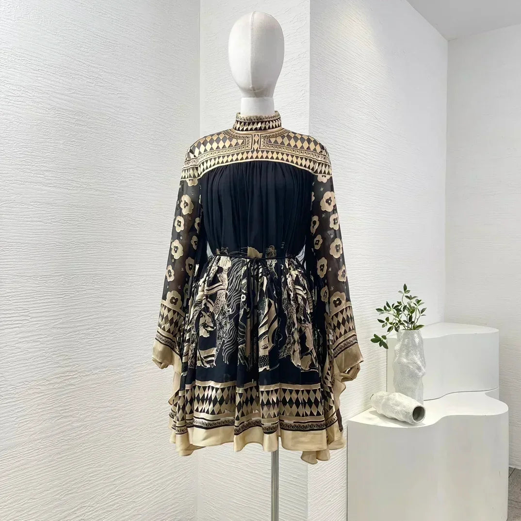 Print Long Sleeve Stand Collar Women Mini Dress Cotton Silk 2025 Autumn High Quality New Holiday Collection Black