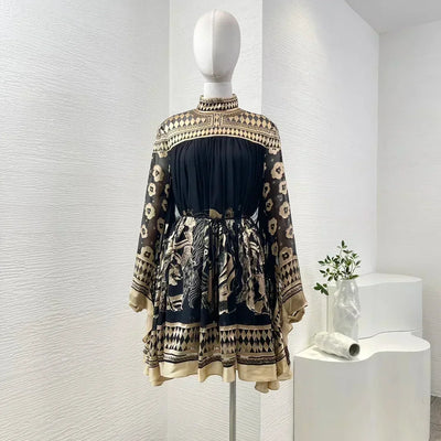 Print Long Sleeve Stand Collar Women Mini Dress Cotton Silk 2025 Autumn High Quality New Holiday Collection Black