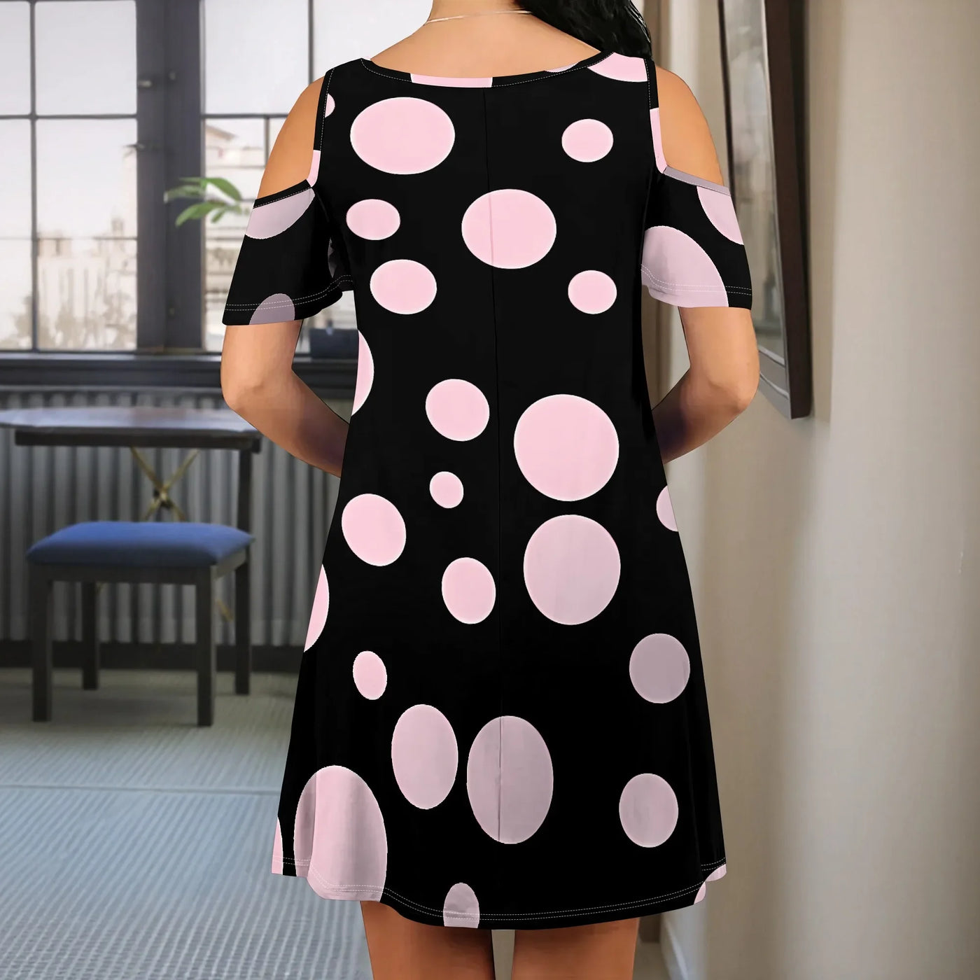 Women's Black Dress with Pink Dots S-3XL