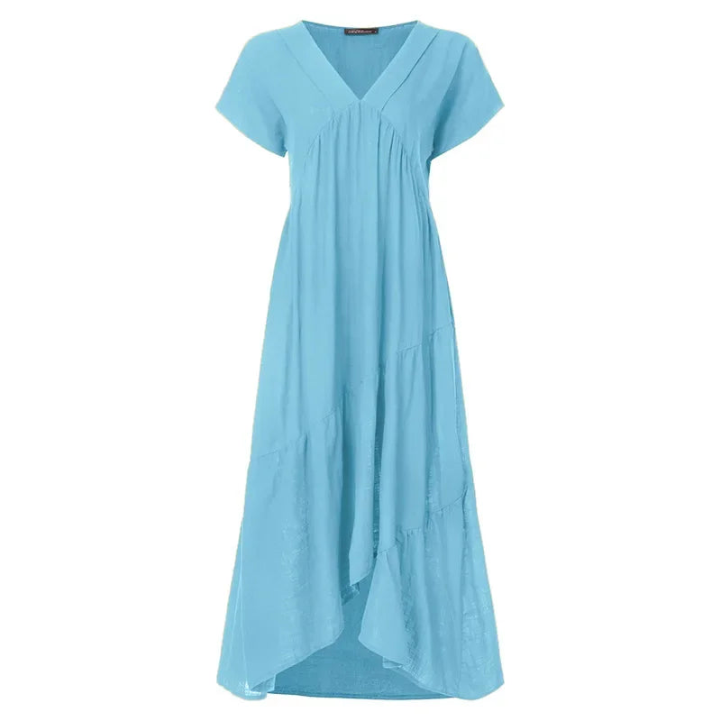 Cotton Linen Sexy V-neck Short Dress Summer New Women's Solid Color Multi-color Casual Loose Short Sleeved Mid Length Dress