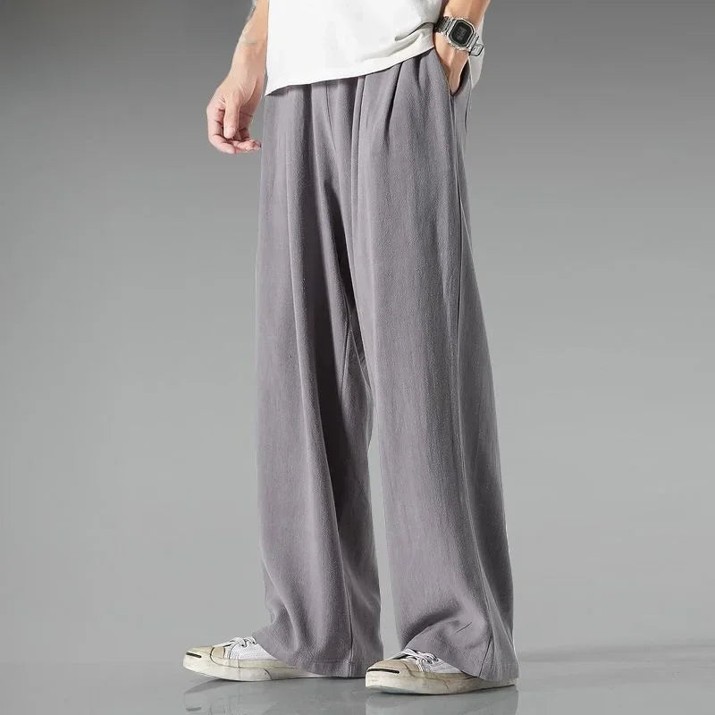 Summer Large Size Linen Cotton Wide Leg Pants Men Casual Comfortable Loose Fit Straight Leg Trousers Long Pants