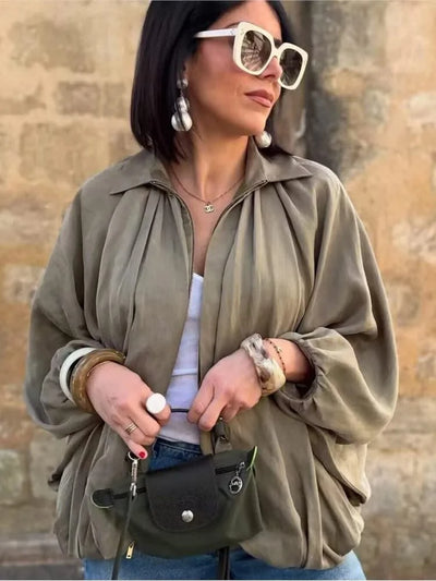 HipSeam Satin Bomber Jacket Women Casual Pleated Zipper Jackets