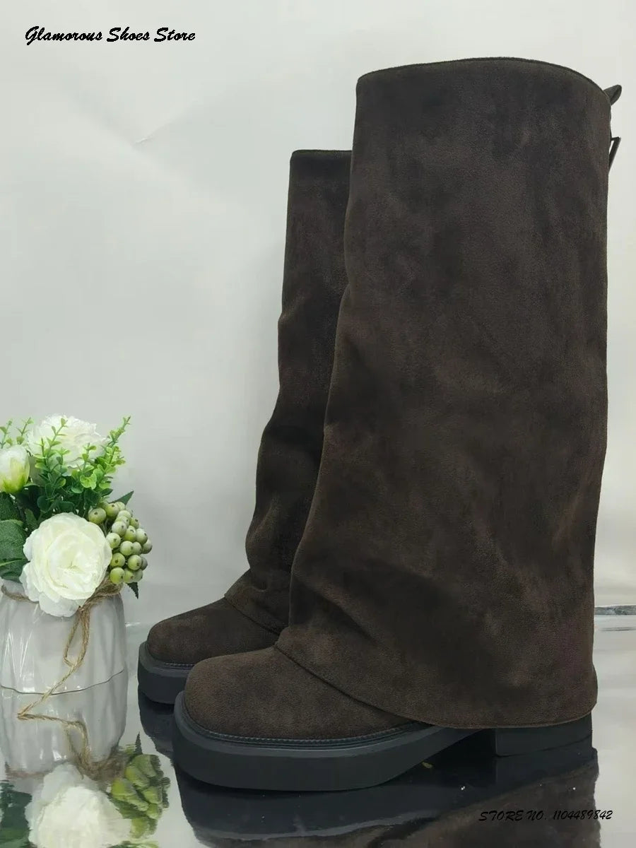 Pleated Suede Knee-high Boots Women's Spring Autumn Pull On Trending Shoes Round Toe Flat with Wide Shaft Runway Modern Boots