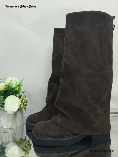 Pleated Suede Knee-high Boots Women's Spring Autumn Pull On Trending Shoes Round Toe Flat with Wide Shaft Runway Modern Boots