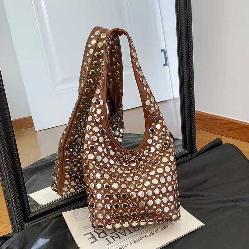 Designer geometric shoulder bag for women top brand handbag luxury shiny rivet handmade evening clutch fashion party