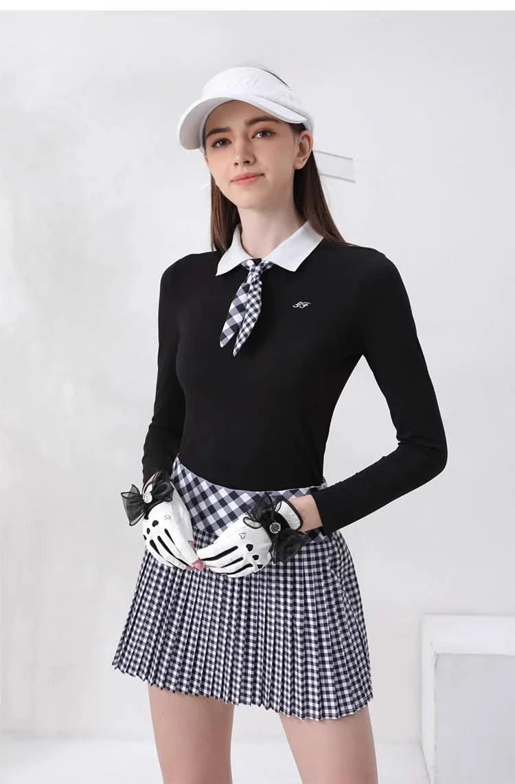 Women's Golfwear for  Slim-Fit Long-Sleeve Top with Polo Collar and Bow Tie, High-End Golf Hundred-Pleat Skirt Suit